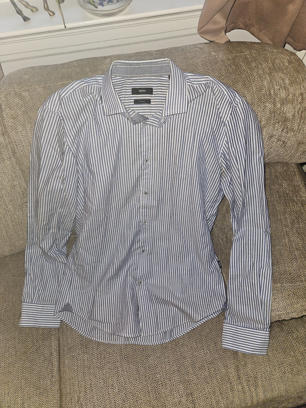 Hugo Boss Blue and White Vertical Stripe Button-Down Shirt